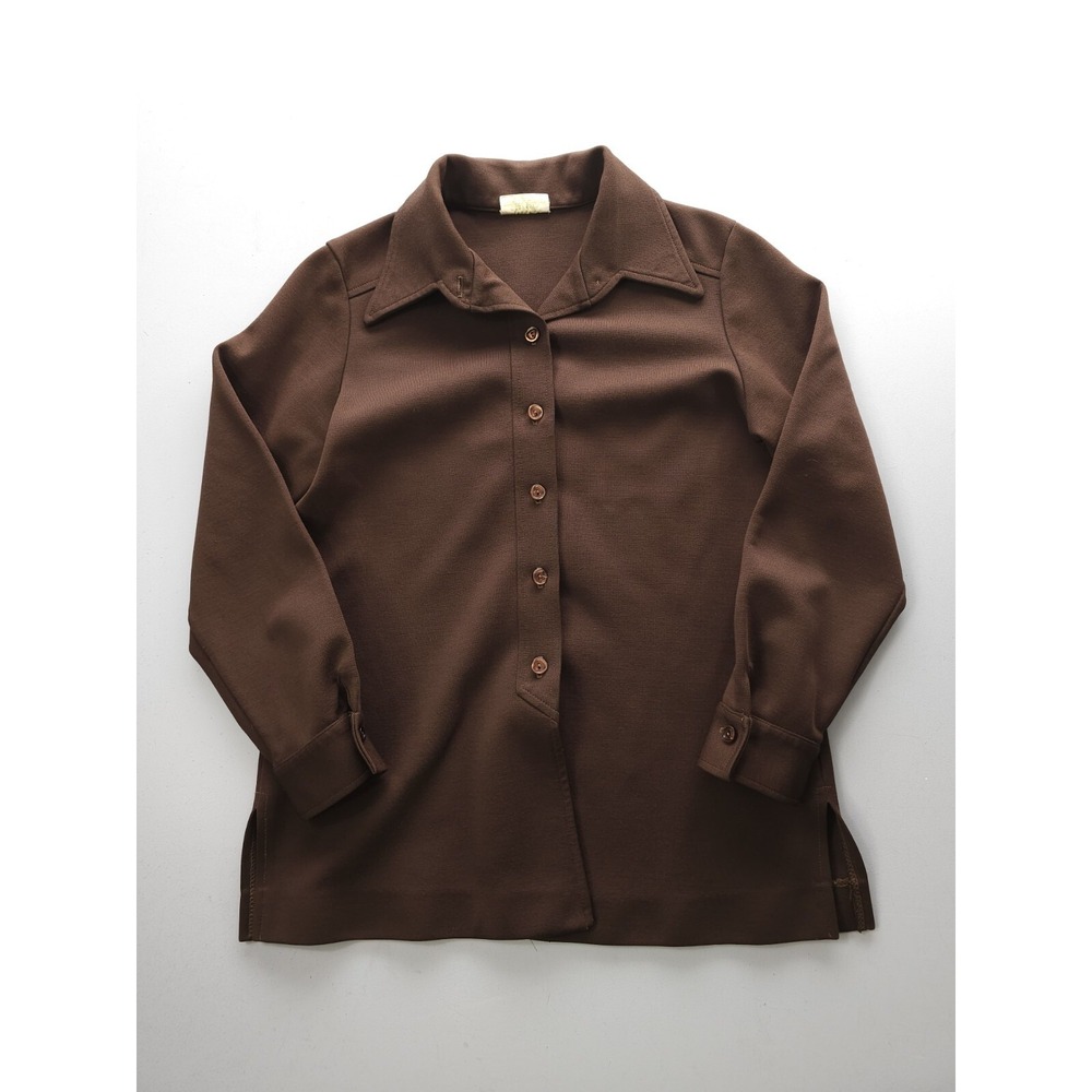 Vintage 1970s Kolortron Brown Polyester Blouse Button-Up Shirt USA Made Size L